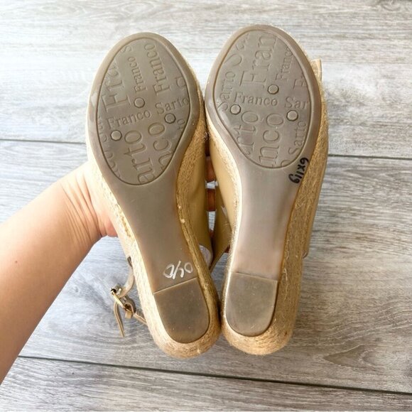 Franco Sarto Beige Vegan Patent Leather Slingback Peep Toe Wedge Esapdrille - Picture 11 of 14